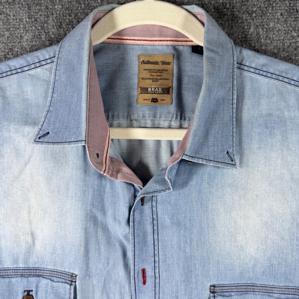Brax Feel Good Mens XXL Light Wash Denim Look Long Sleeve Button Down Shirt - Picture 2 of 13